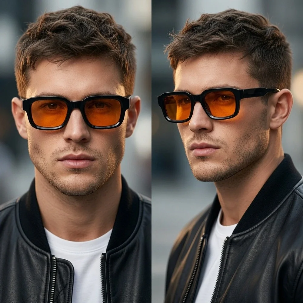 Mens Square Sunglasses Black Frame Orange Tinted Lens Retro Streetwear UV400 New
